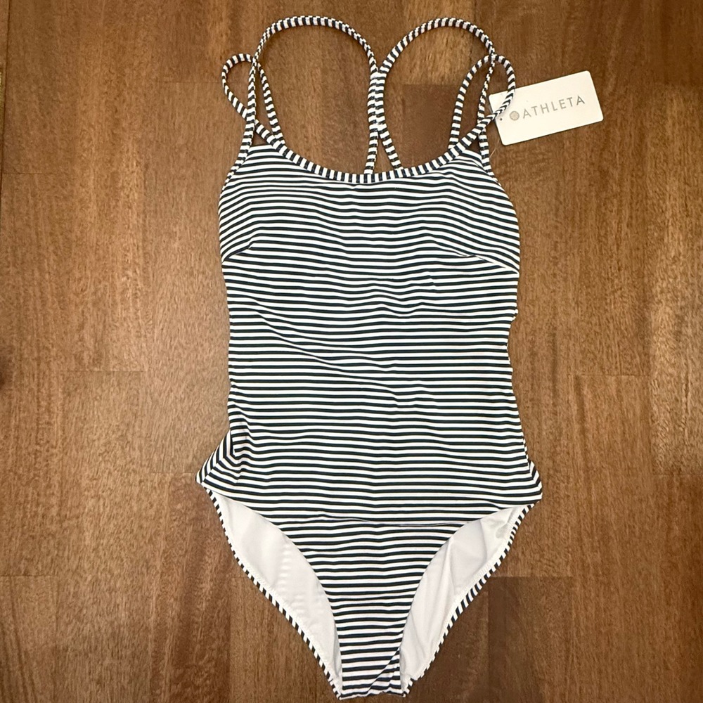 Athleta Womens Strappy Cross Back One Piece Swimsuit Navy White Striped NWT